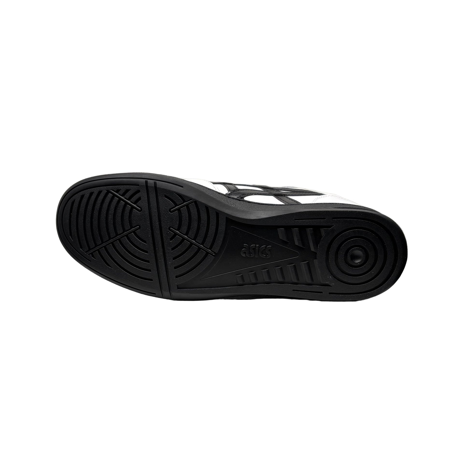 outsole of Black sneaker with white logo on a white background