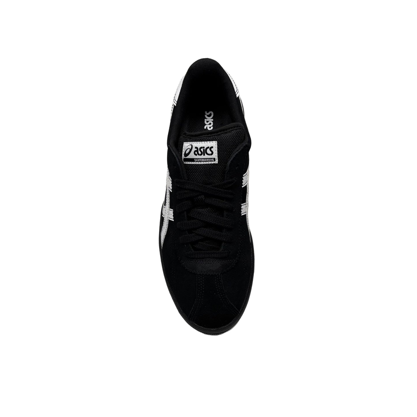 Black Asics sneaker on a white platform with a gray background