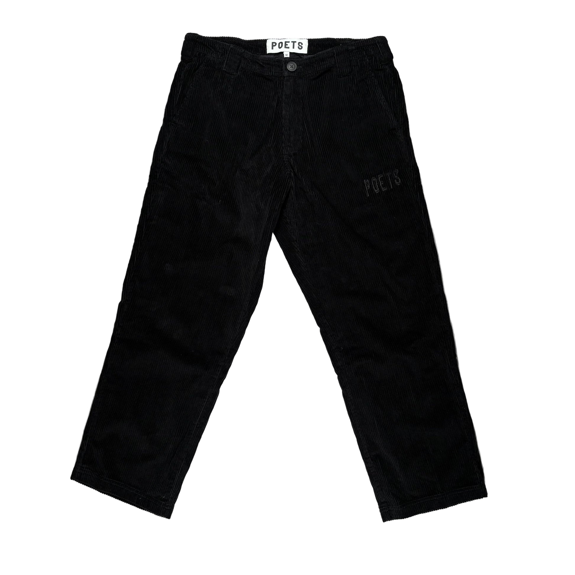 Black pants with 'POETS' branding on a white background