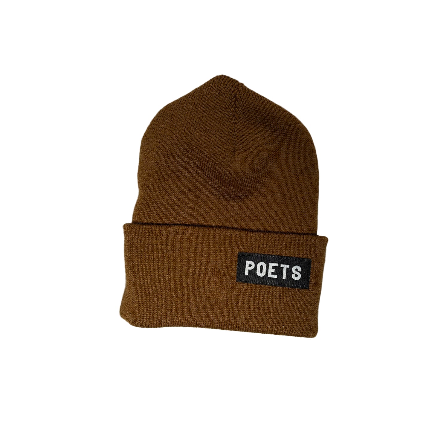 Brown beanie with 'POETS' label on a white background