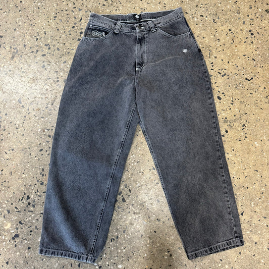 distressed black denim jeans with white stitch
