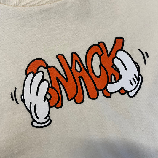 closeup of orange Snack logo with white cartoon hands
