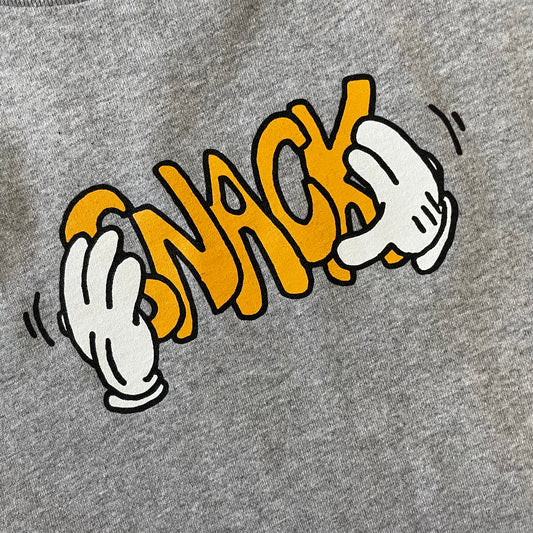 closeup of yellow Snack logo with white cartoon hands