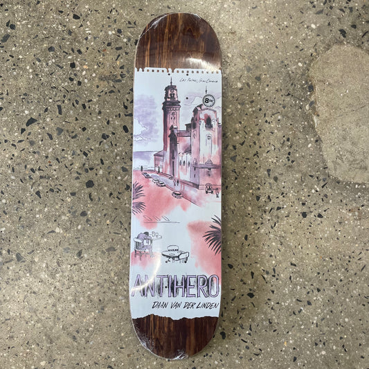 City with beach in background logo deck, white and pink on woodgrain, woodgrain colors vary