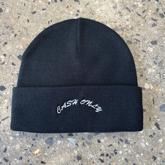 White cash only arch logo embroidered on black beanie