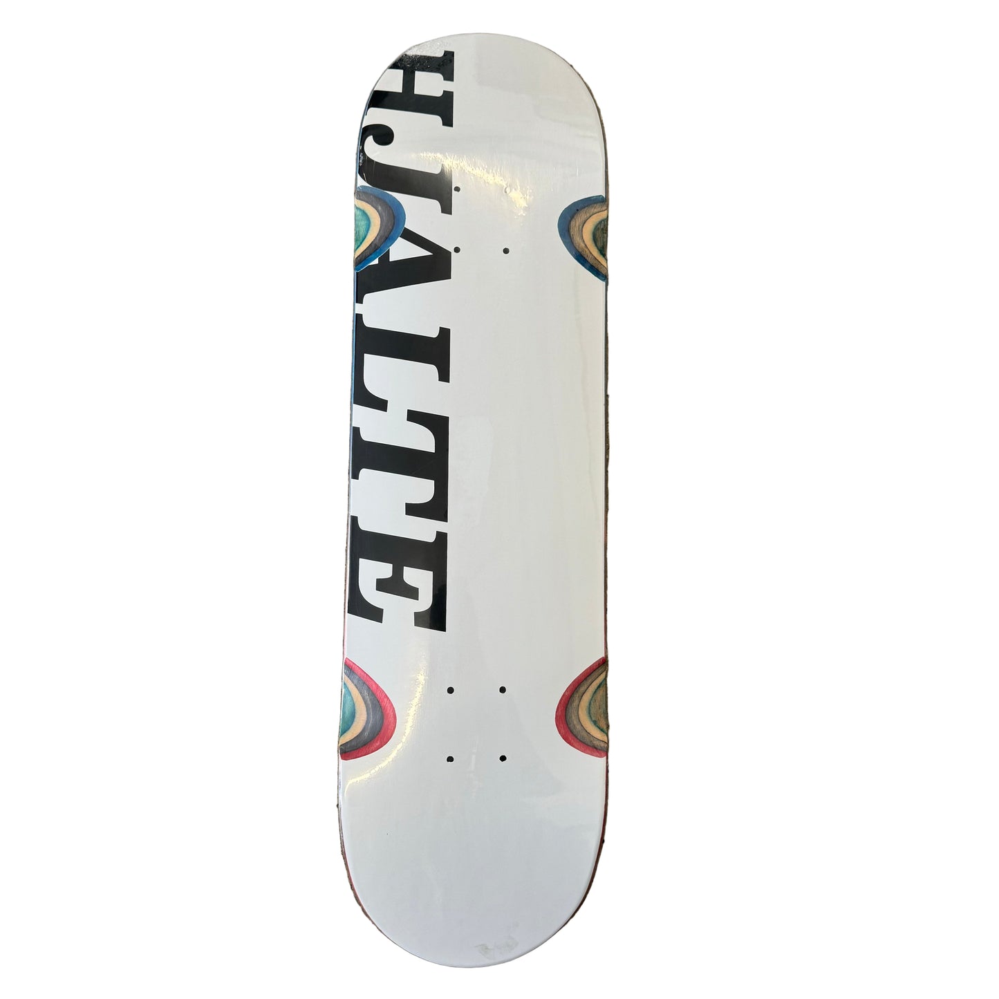 black text with rainbow detail on white skate deck