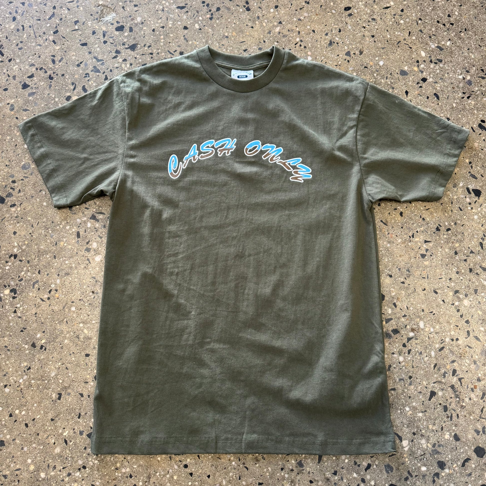 blue and brown cash only arch logo printed on army green t-shirt