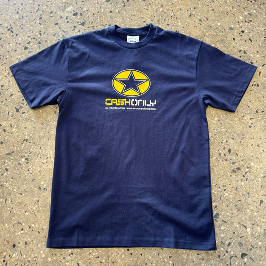 Yellow and white cash only star logo on navy t-shirt