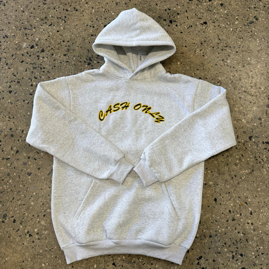 yellow and black cash only arch logo on athletic grey hoodie