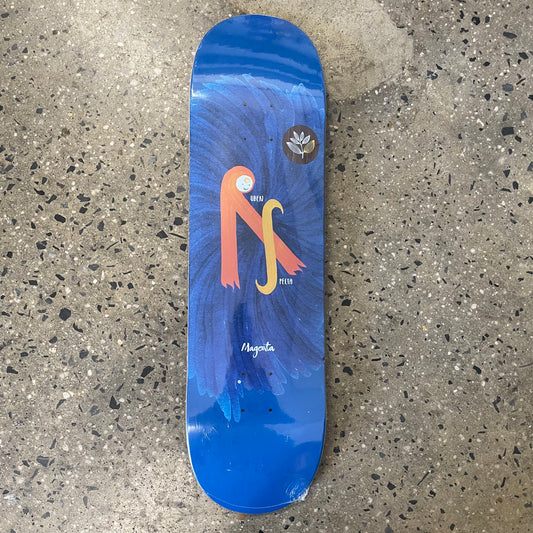 orange sloth on abstract blue skate deck