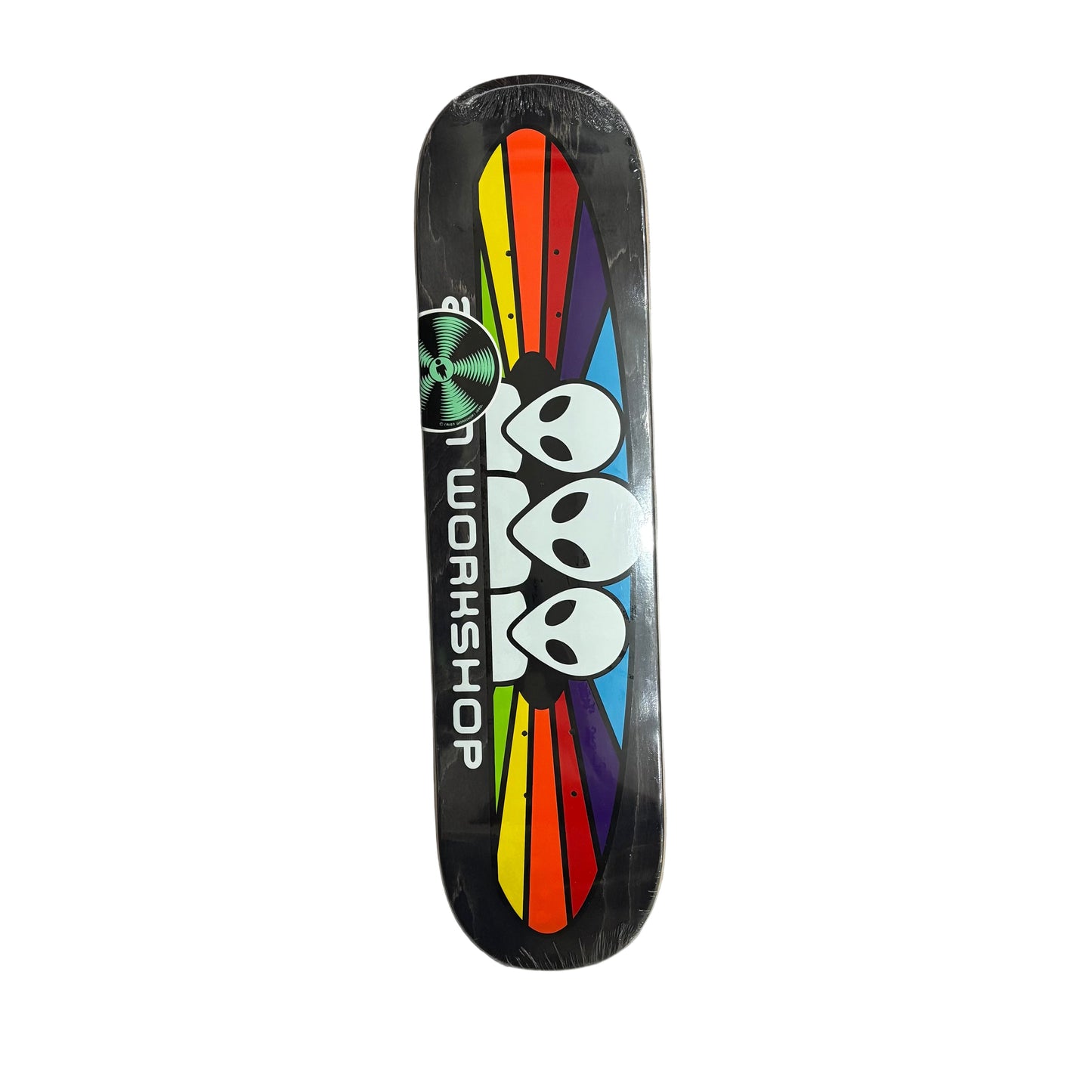 Skateboard deck with colorful design and text on a white surface