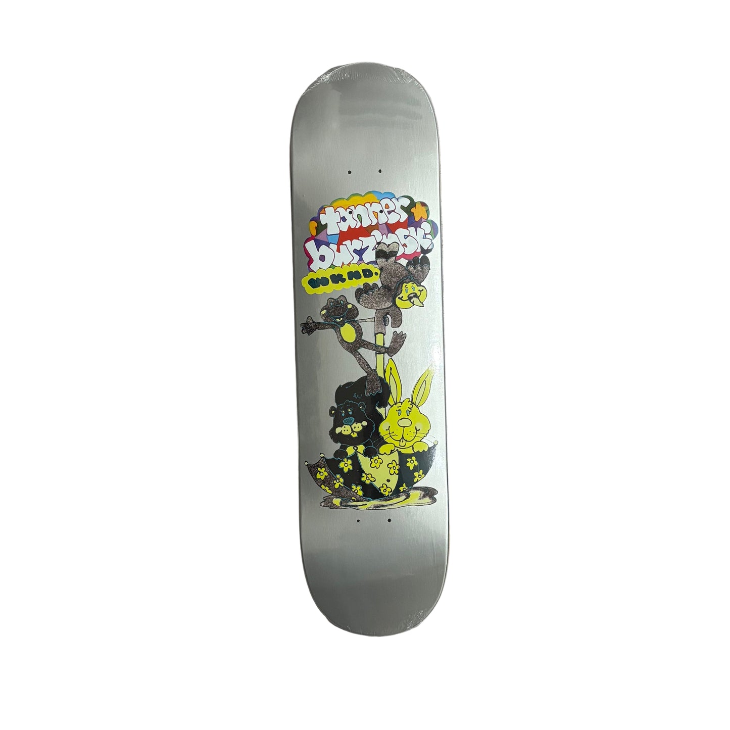 Skateboard deck with colorful graphics on a white surface