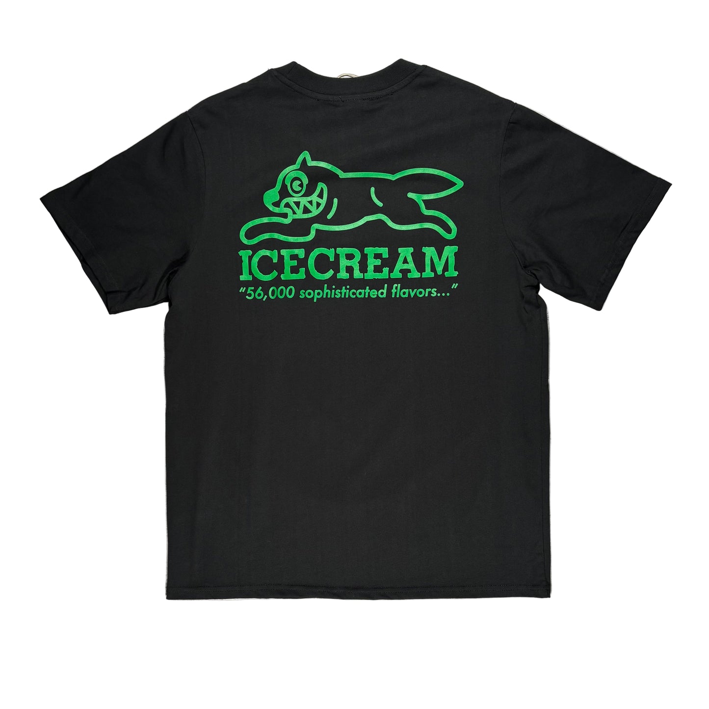 green cat on rear of t-shirt with ICE CREAM 56,000 sophisticated flavors