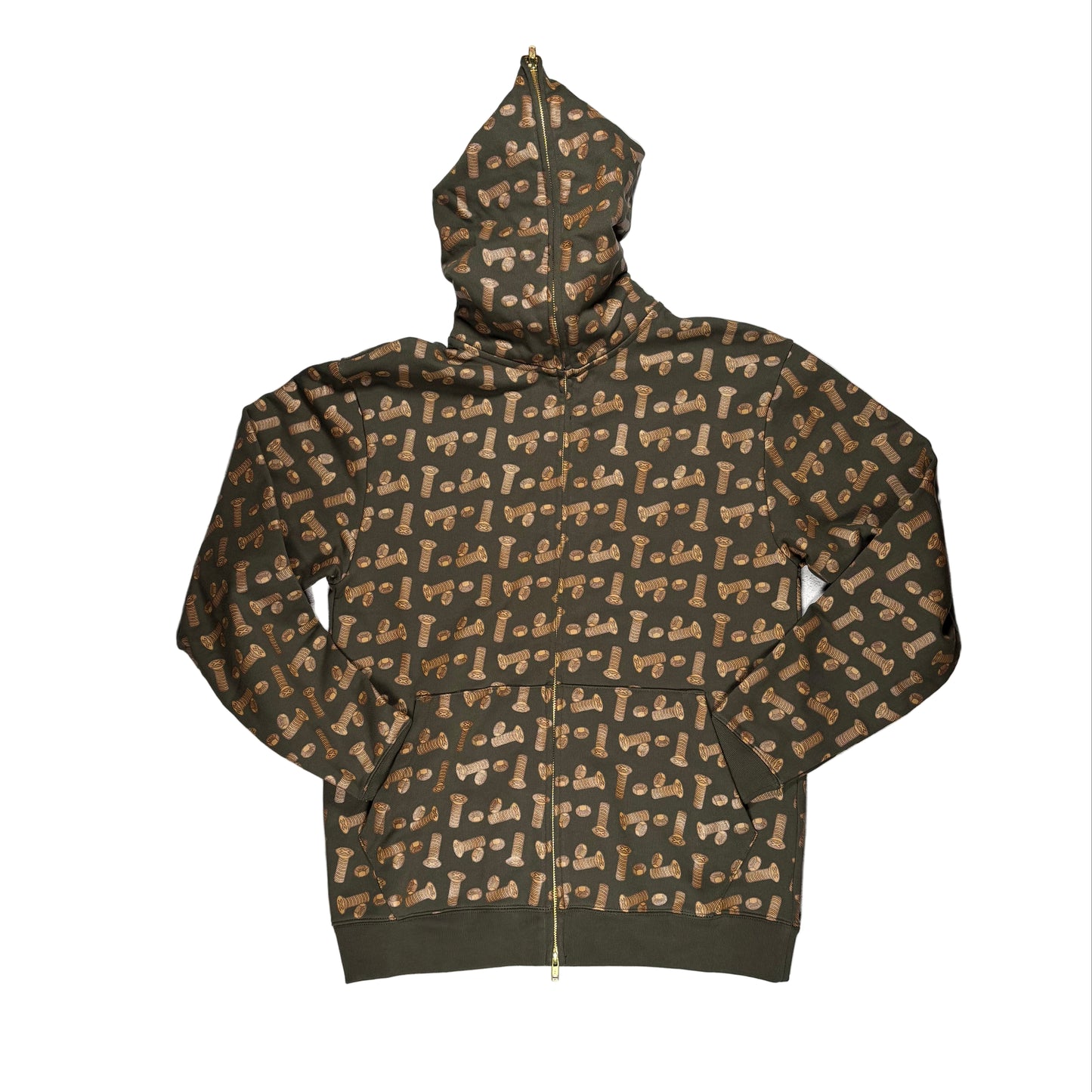 front view of fully zipped up bronze x ice cream hoodie with bronze colored bolt all over print pattern