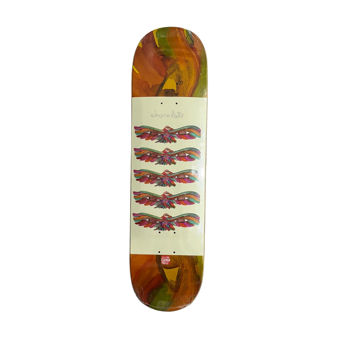 Skateboard deck with colorful design on a white surface