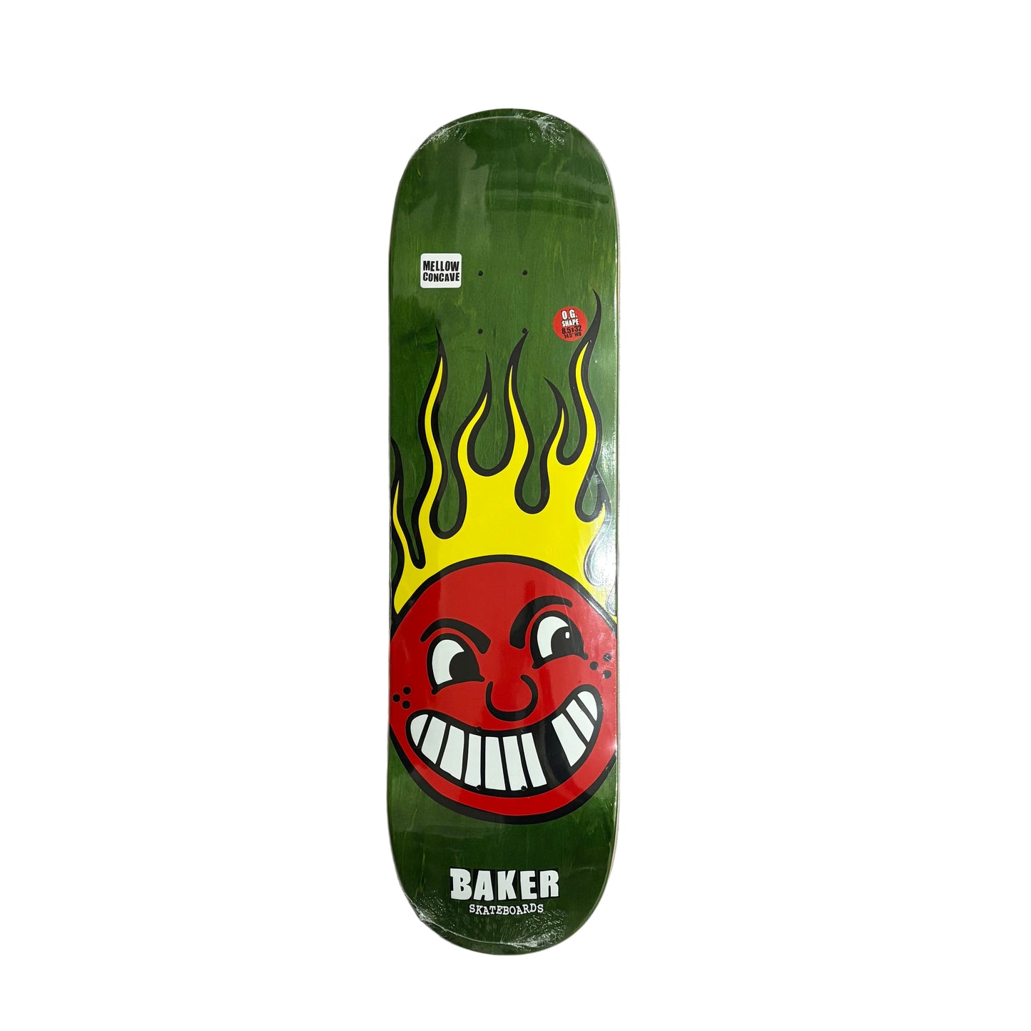 Skateboard deck with a colorful design on a white surface