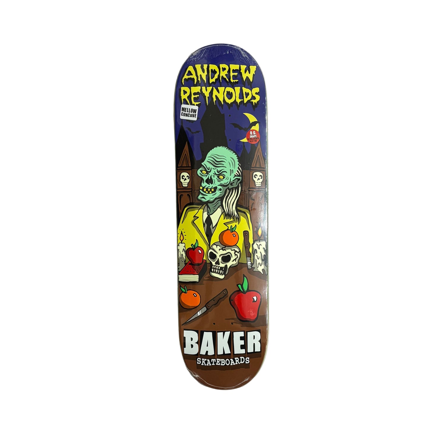 Skateboard deck with colorful design featuring a skeleton character and text on a white background