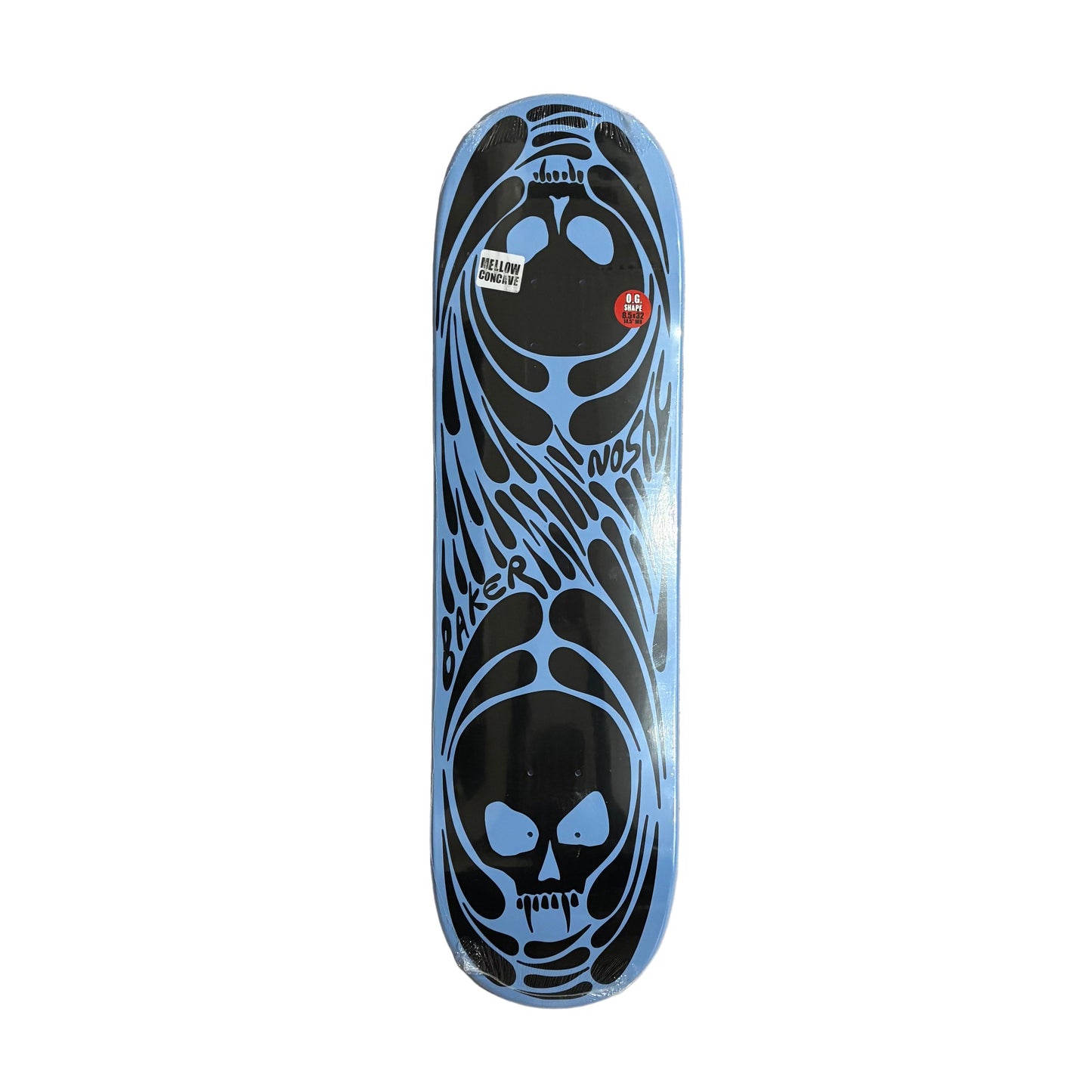Skateboard deck with skull design on a white surface