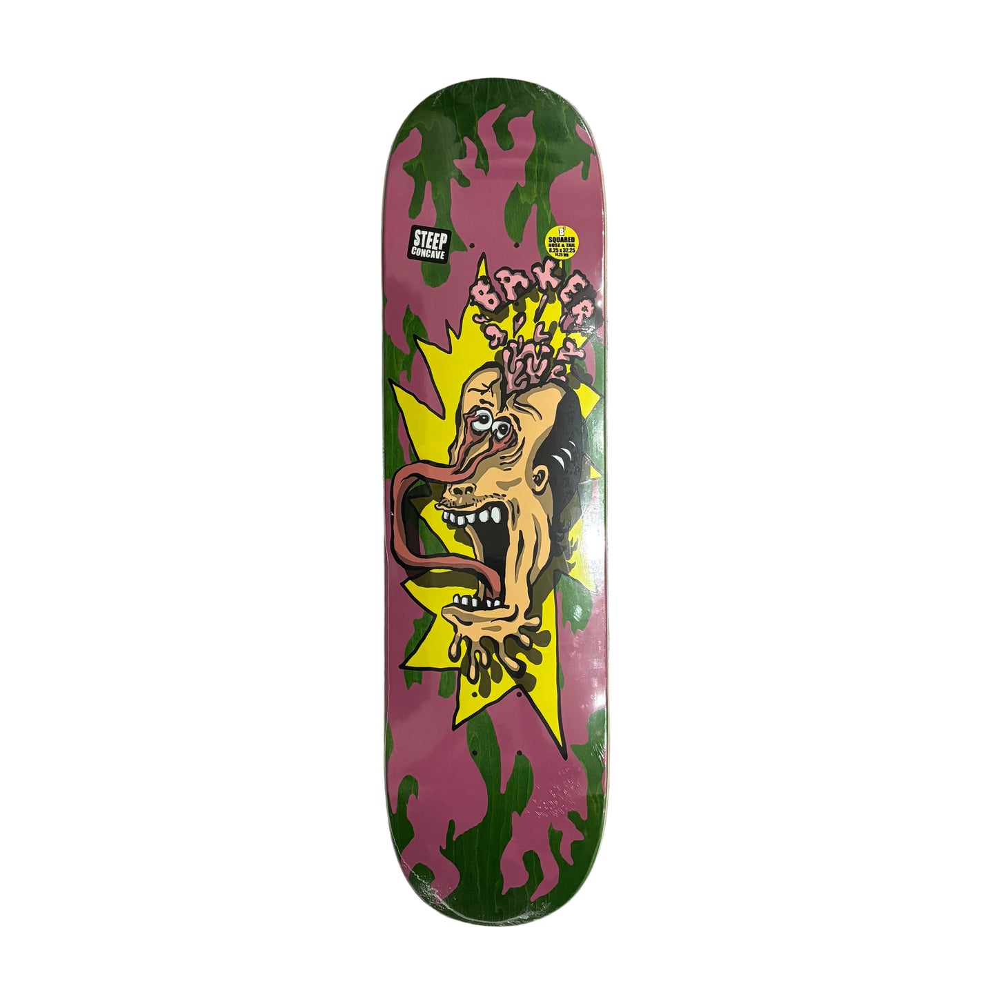 Skateboard deck with colorful graphic design on a white surface