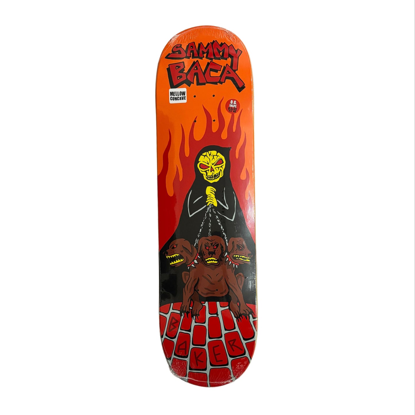 Skateboard deck with graphic design on a gray surface