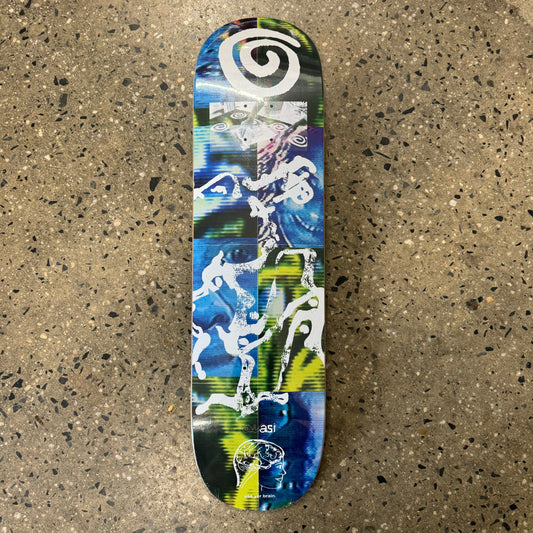 blue, black, yellow, white abstract design on skate deck