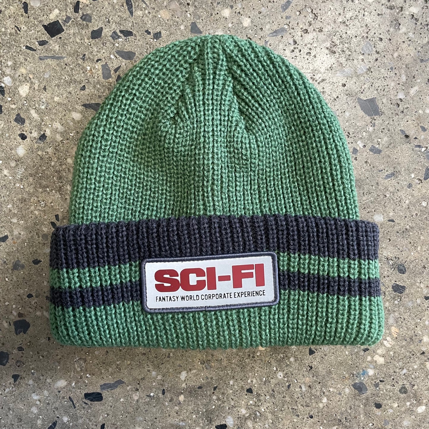 Sci-Fi Fantasy Reflective Patch Striped Beanie - Olive/Grey