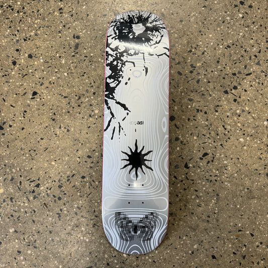 black and white abstract design on silver skate deck