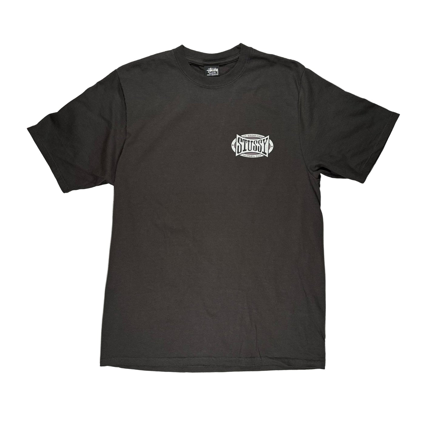 Black t-shirt with a logo on a white surface