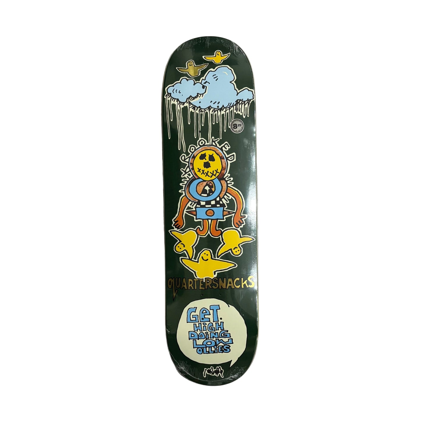 Skateboard deck with colorful graphics on a white background