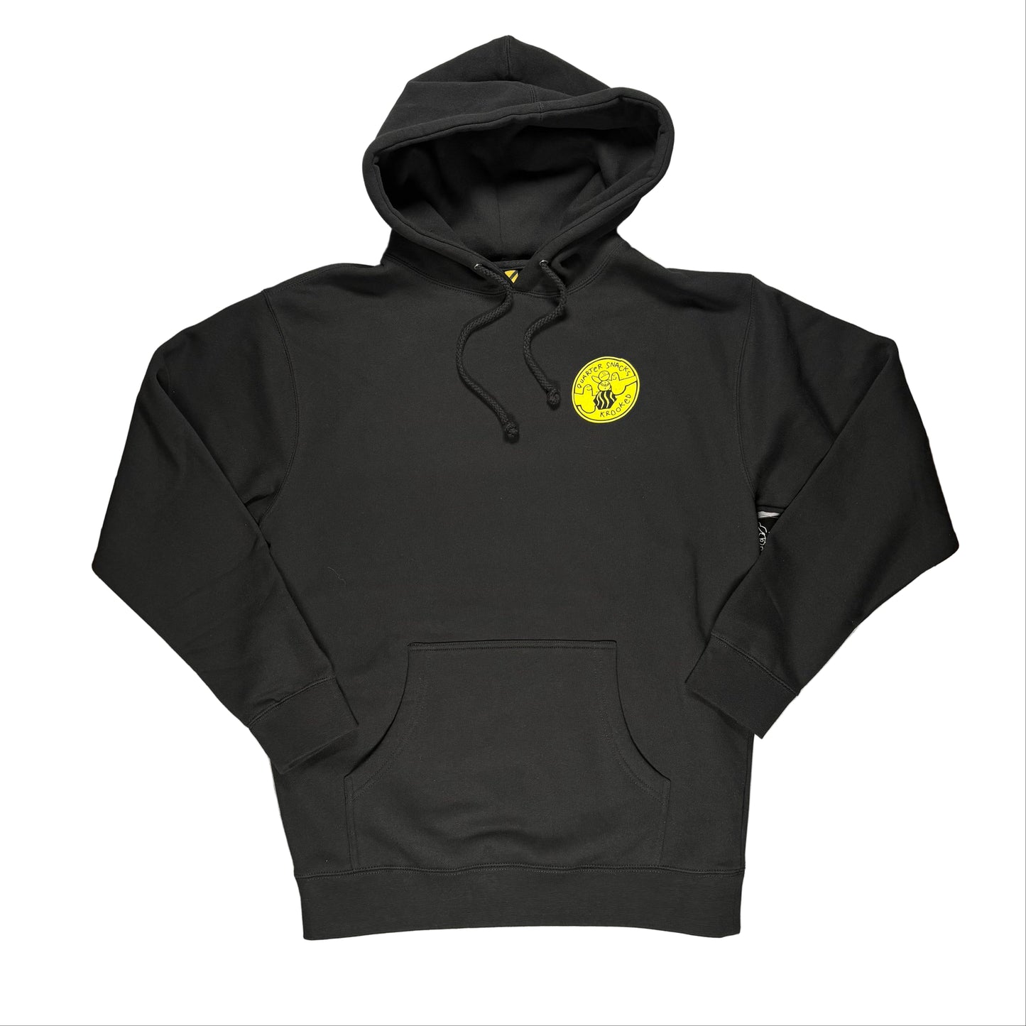 Black hoodie with a yellow logo on a white surface