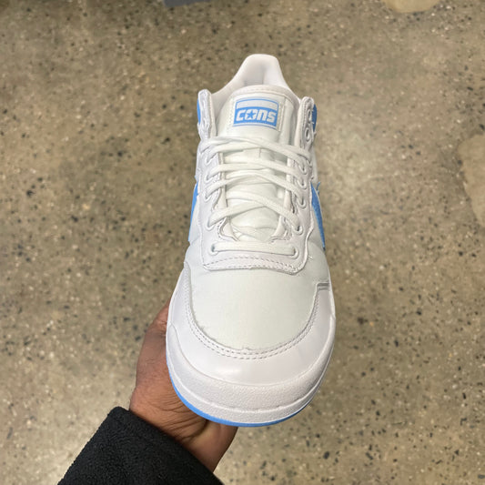 white sneaker with light blue stripe and star, front view