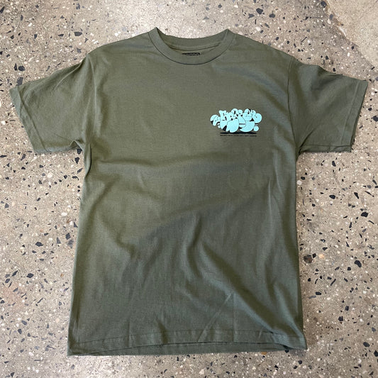 left chest placed 5boro graf style logo in mint green on olive t-shirt, 5boro new york city written in small type under logo