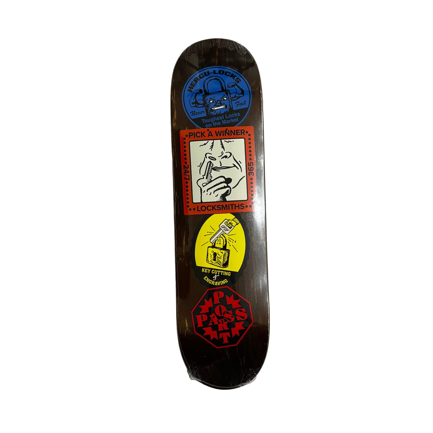 Skateboard deck with sticker graphics on a white surface