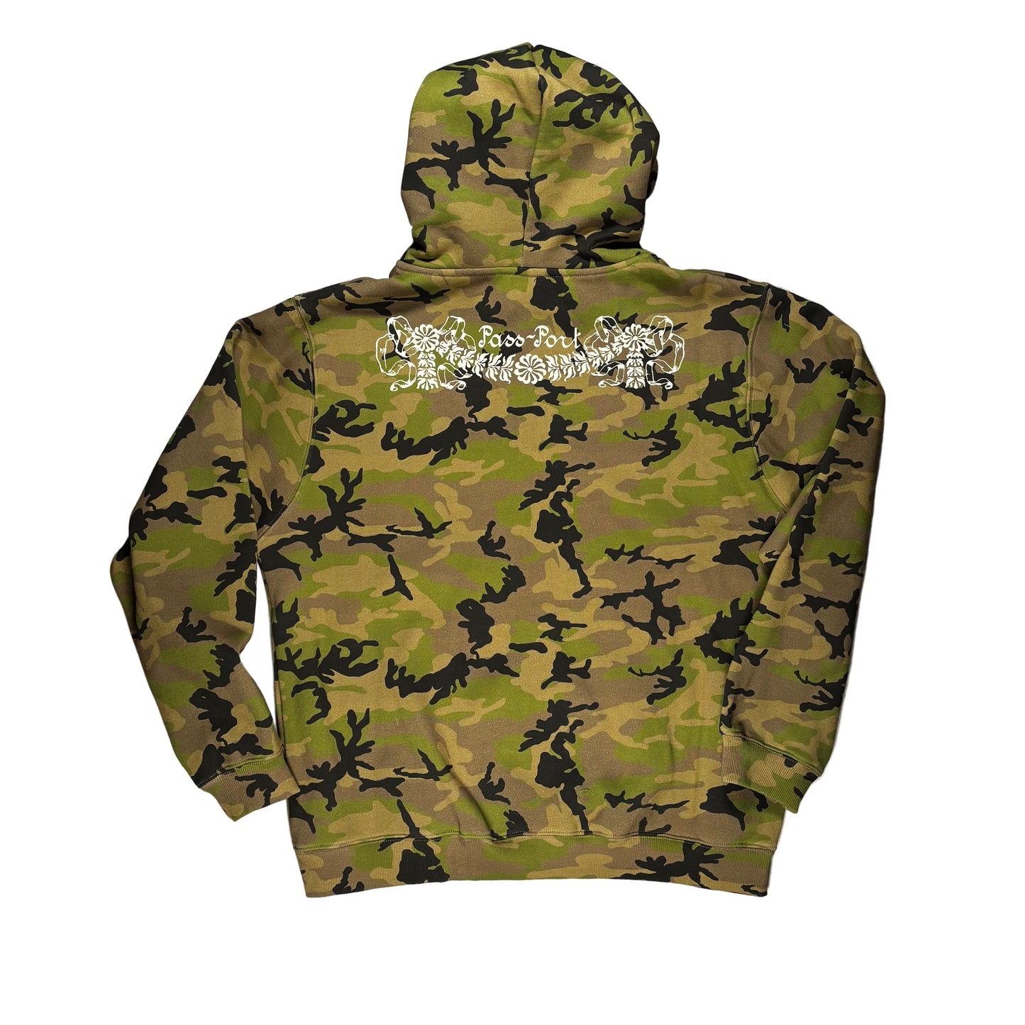 Camouflage hoodie with a pass port brand logo on the back, placed on a white surface.