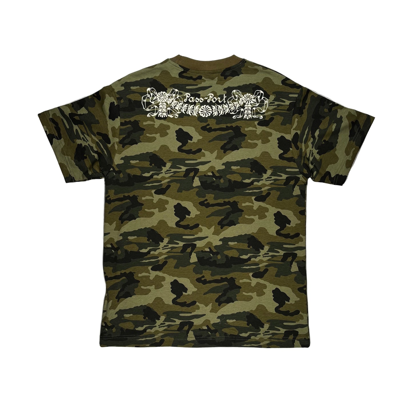 Camouflage t-shirt with a logo on the back, placed on a white surface.