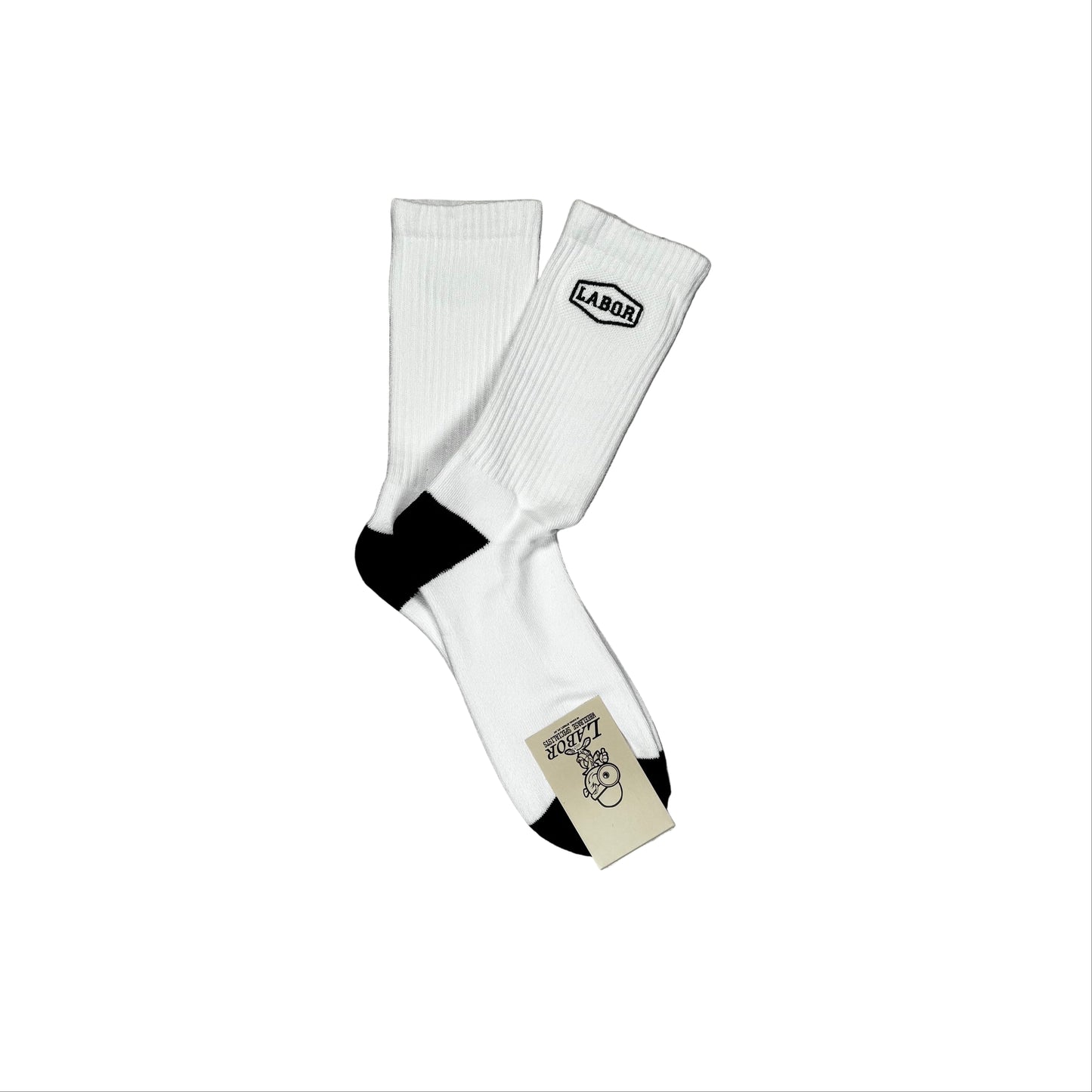 White socks with black accents on a gray surface