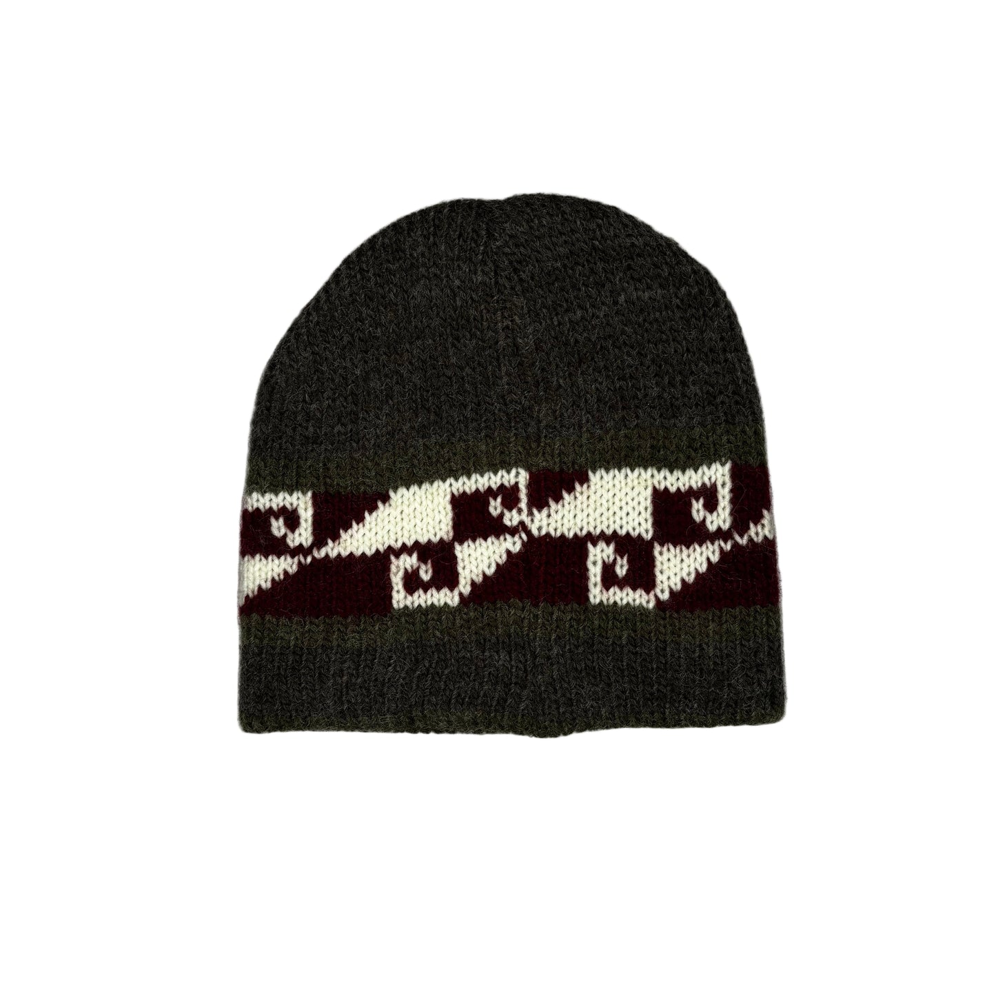 grey beanie with a patterned band on a white background