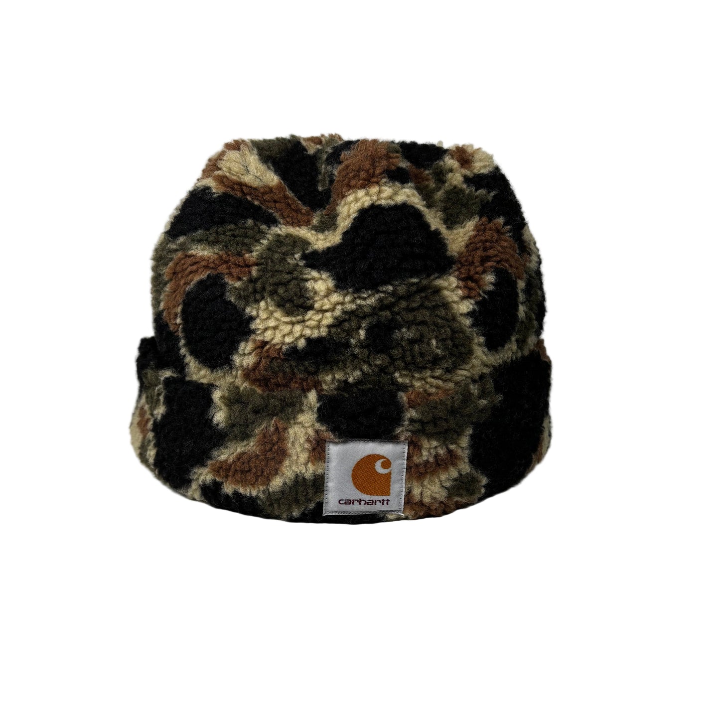 Camouflage-patterned beanie with a brand logo on a white background