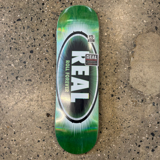 black and white logo on green wood grain skate deck (wood grain color my vary)
