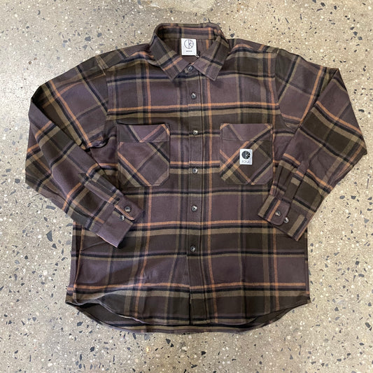 brown and mauve plaid flannel button down shirt