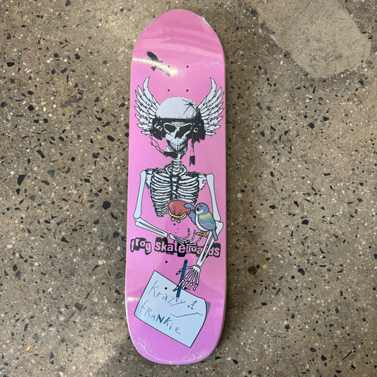 skeleton with winged helmet on pink skate deck