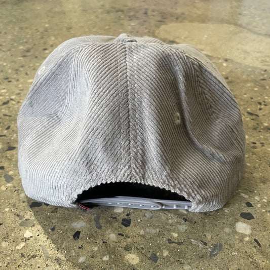 rear view of grey corduroy hat