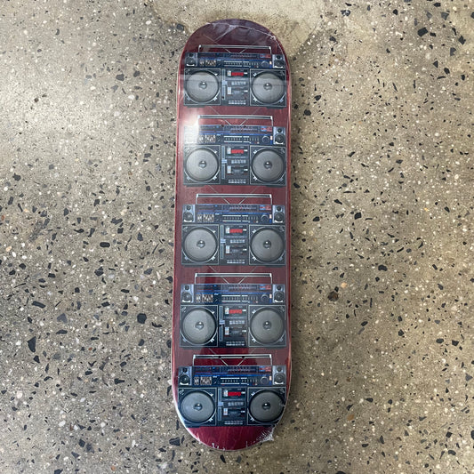 six boomboxes printed on woodgrain skate deck woodgrain color varies