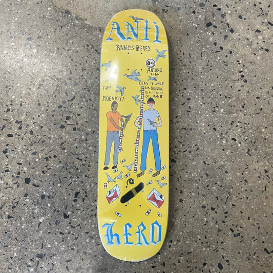 Hand drawn childish looking people with drugs, booze and skateboards on yellow skate deck