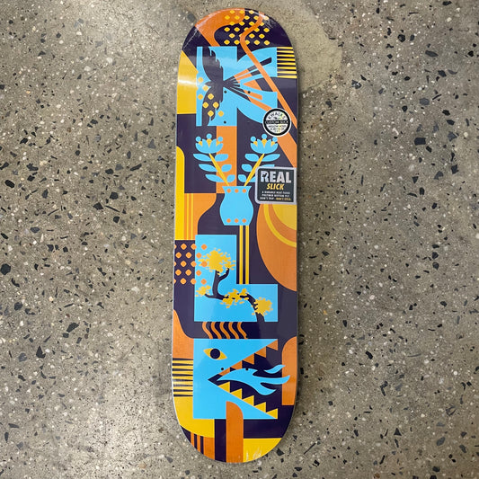 blue, yellow, orange, and black abstract design on skate deck
