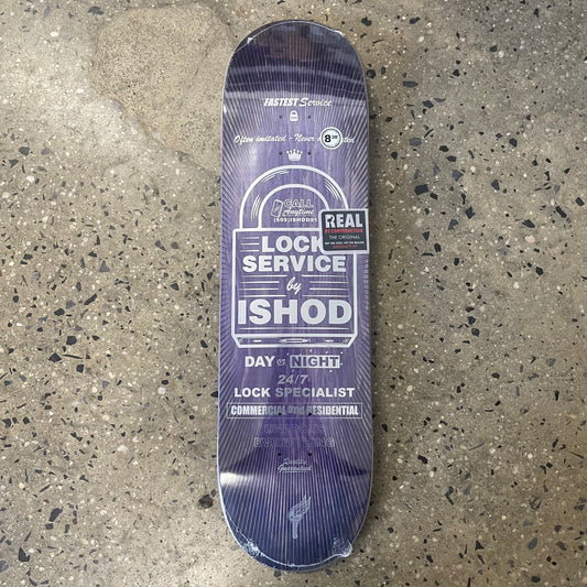 white lock and text on purple skate deck