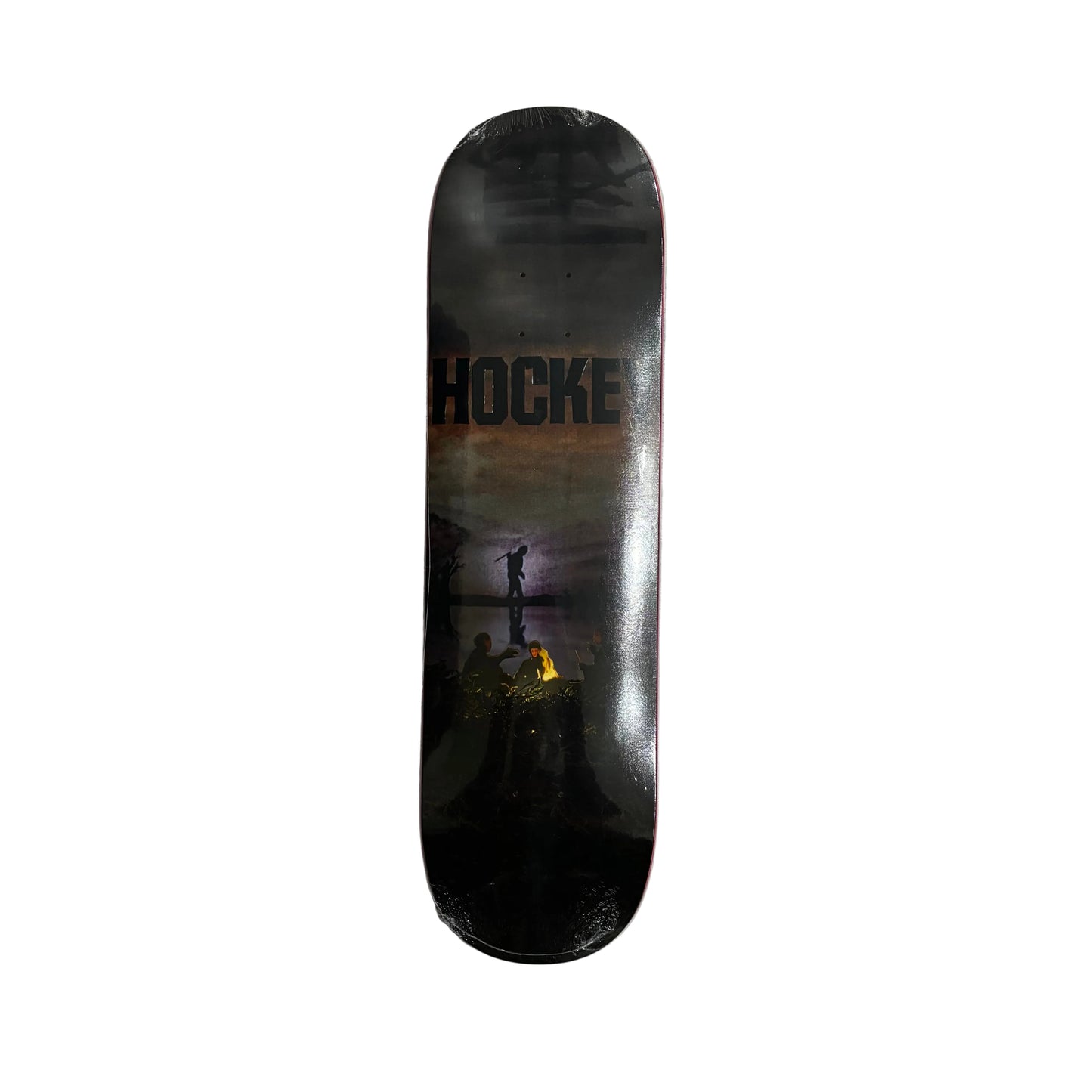 Skateboard deck with 'HOCKEY' branding on a white surface