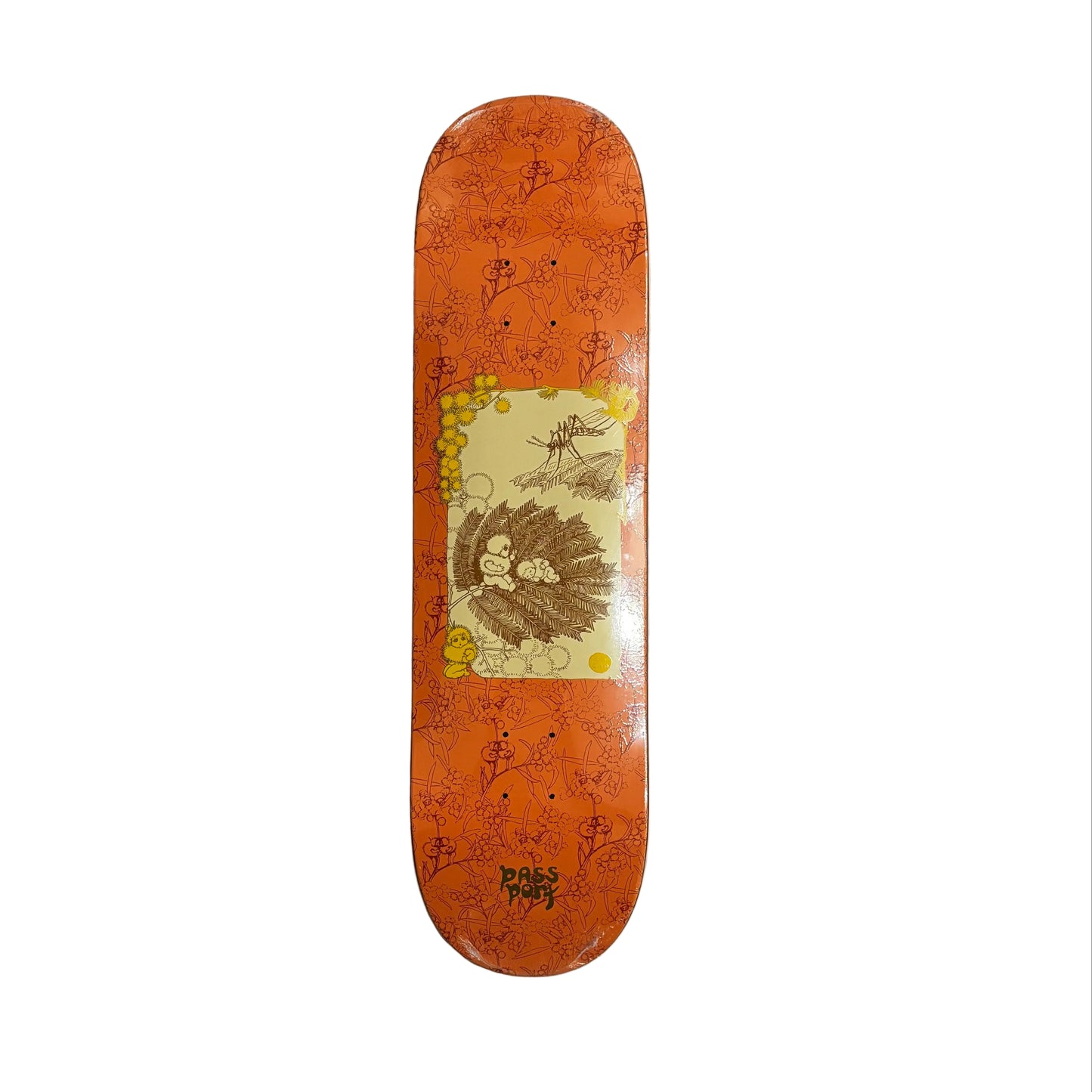 Skateboard deck with a hedgehog graphic on a white surface