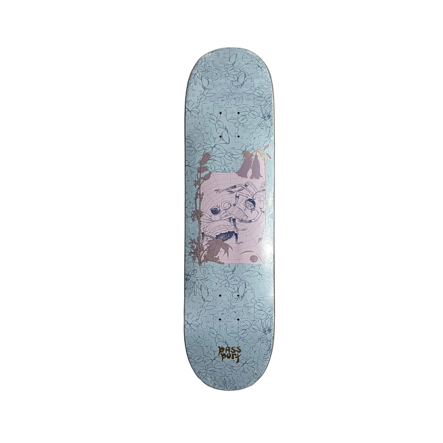 Skateboard deck with a dog illustration on a white surface