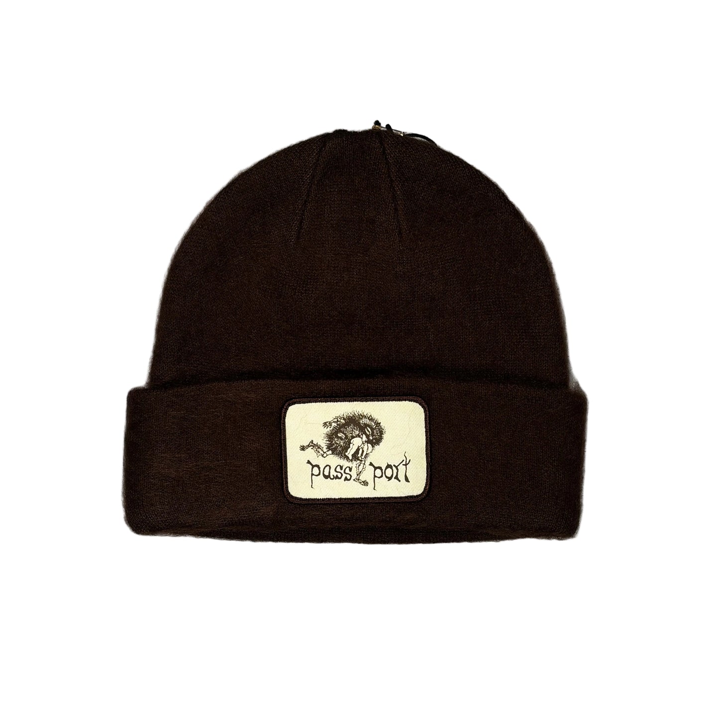 brown beanie with a logo patch on a white background